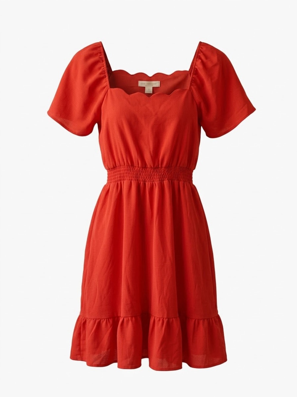 NWT Monteau Red Scalloped Midi Dress M Puff Sleeve Smocked Babydoll Cottagecore